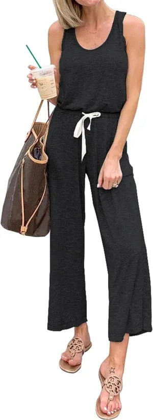 PRETTYGARDEN One Piece Jumpsuits for Women 2025 Summer Casual Drawstring Sleeveless Tank Romper Beach Vacation Outfits