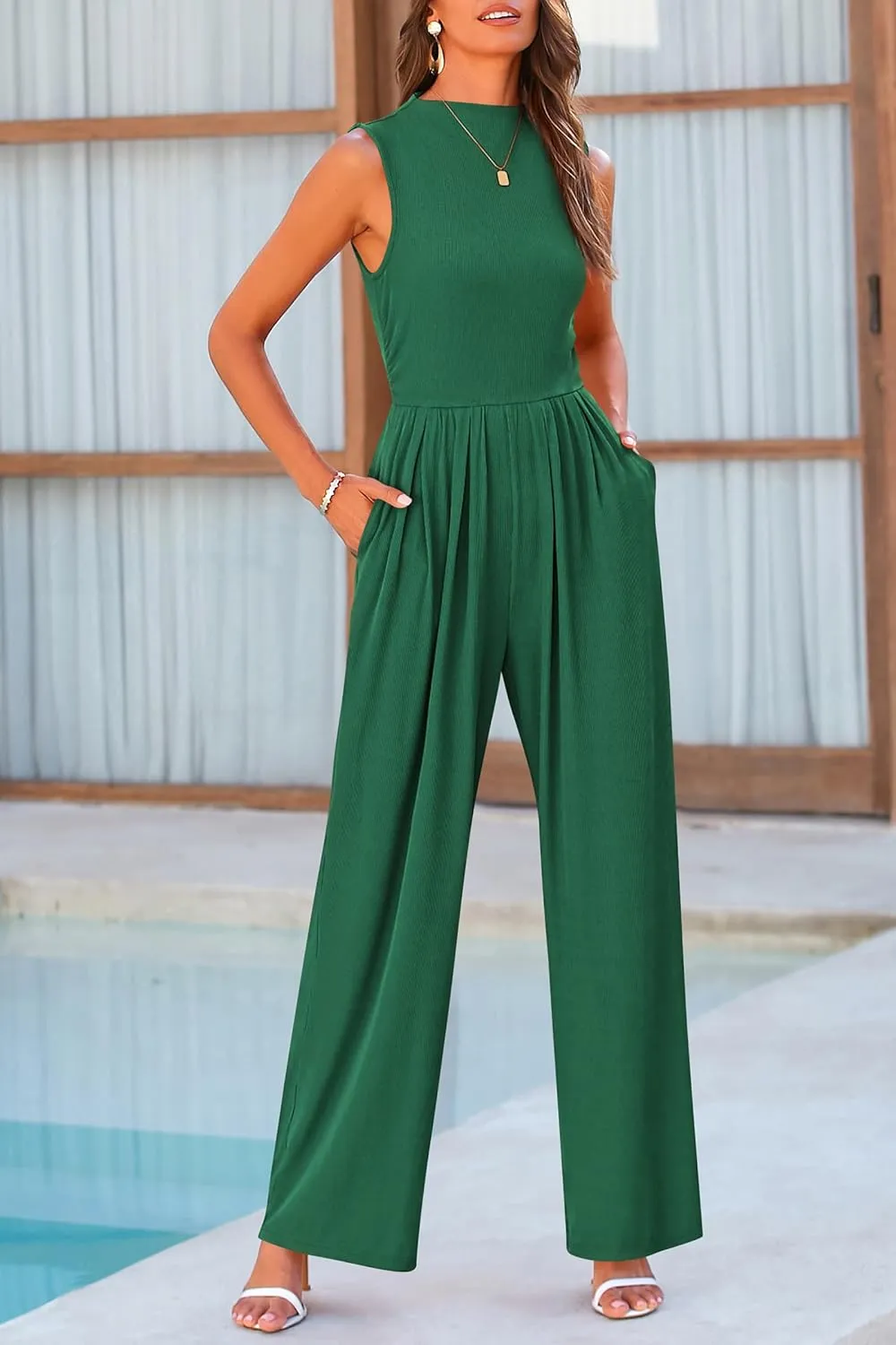 PRETTYGARDEN Womens Summer Jumpsuits Dressy Casual One Piece Outfits Sleeveless Mock Neck Wide Leg Pants Rompers with Pockets