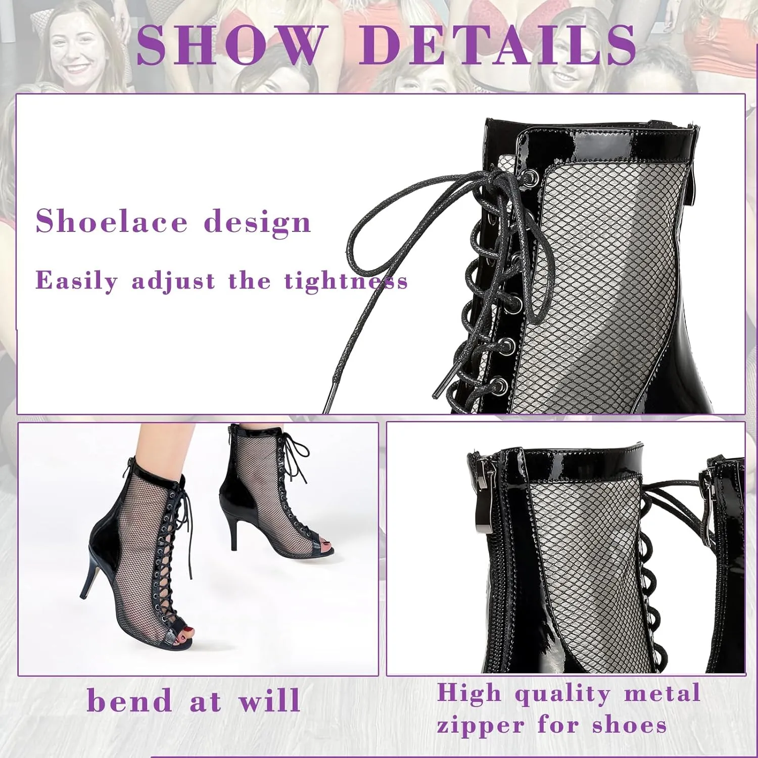 Professional Dancing Heels for Women's, Lace-Up Mesh Jazz Shoes,Zipper Peep Toe Booties,Pole Dance Boots