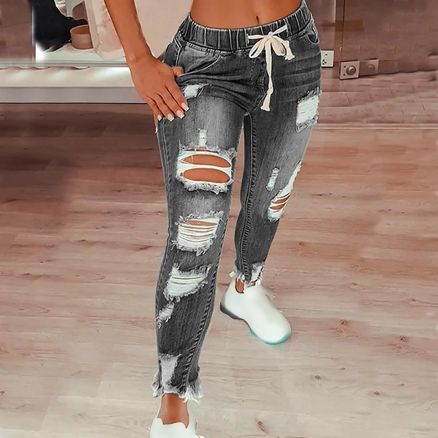 Pull on Jeans for Women Stretchy Drawstring High Waisted Raw Hem Ripped Skinny Plus Size Denim Boyfriend with Pockets