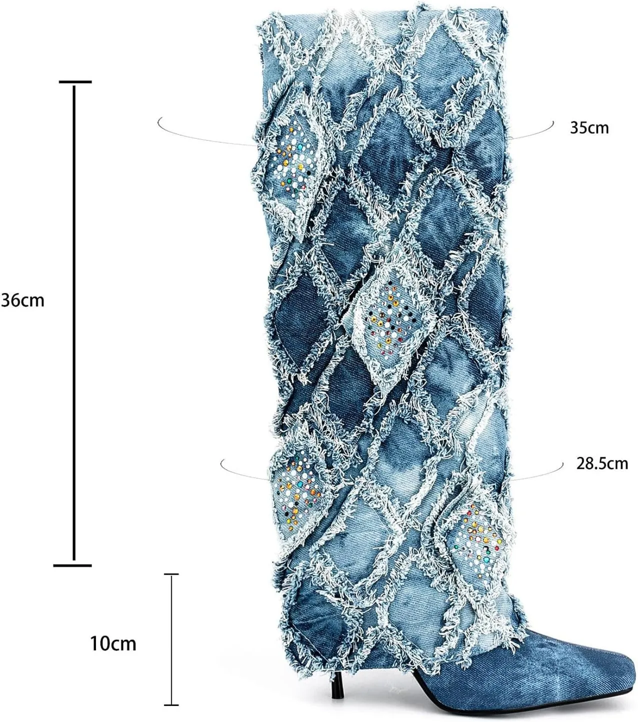 Pumps High Boots Women's Knee-high Boots High Heels Trouser Shoe Square Toe Stiletto Heel Denim Raw Edges Rhinestones Heel Height 10 CM
