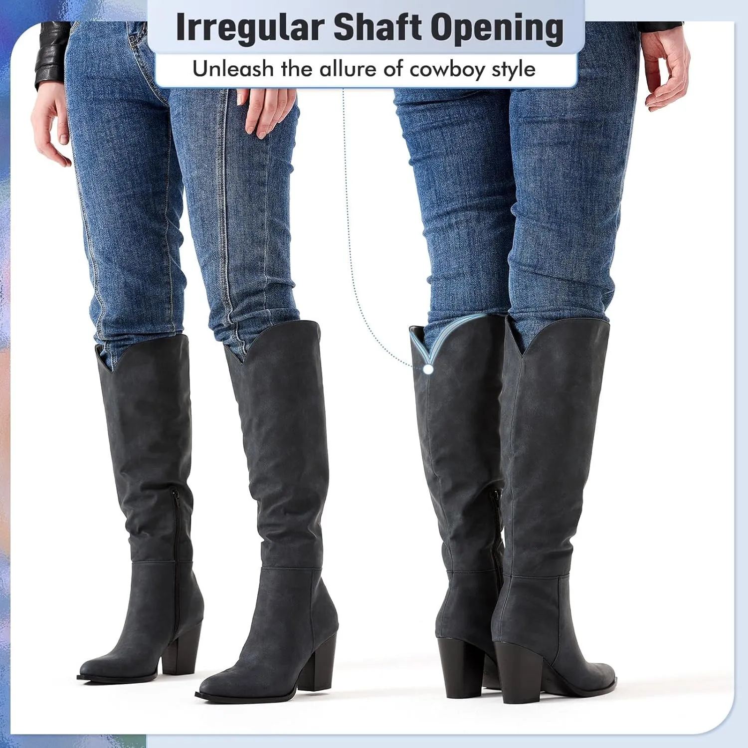Putu Women's Knee High Boots High Heel Western Boots Pointed Toe Tall Boots Faux Leather