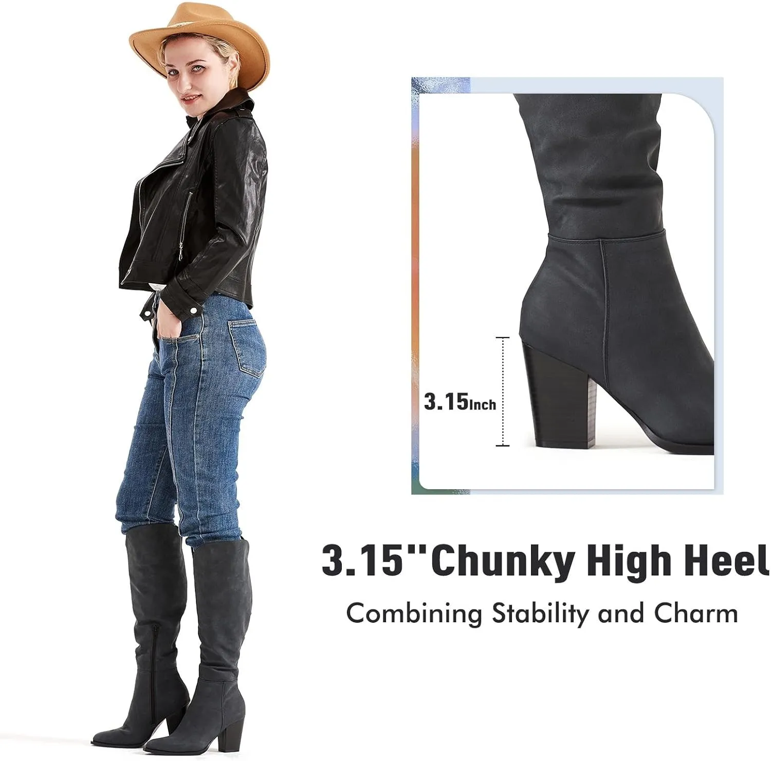 Putu Women's Knee High Boots High Heel Western Boots Pointed Toe Tall Boots Faux Leather