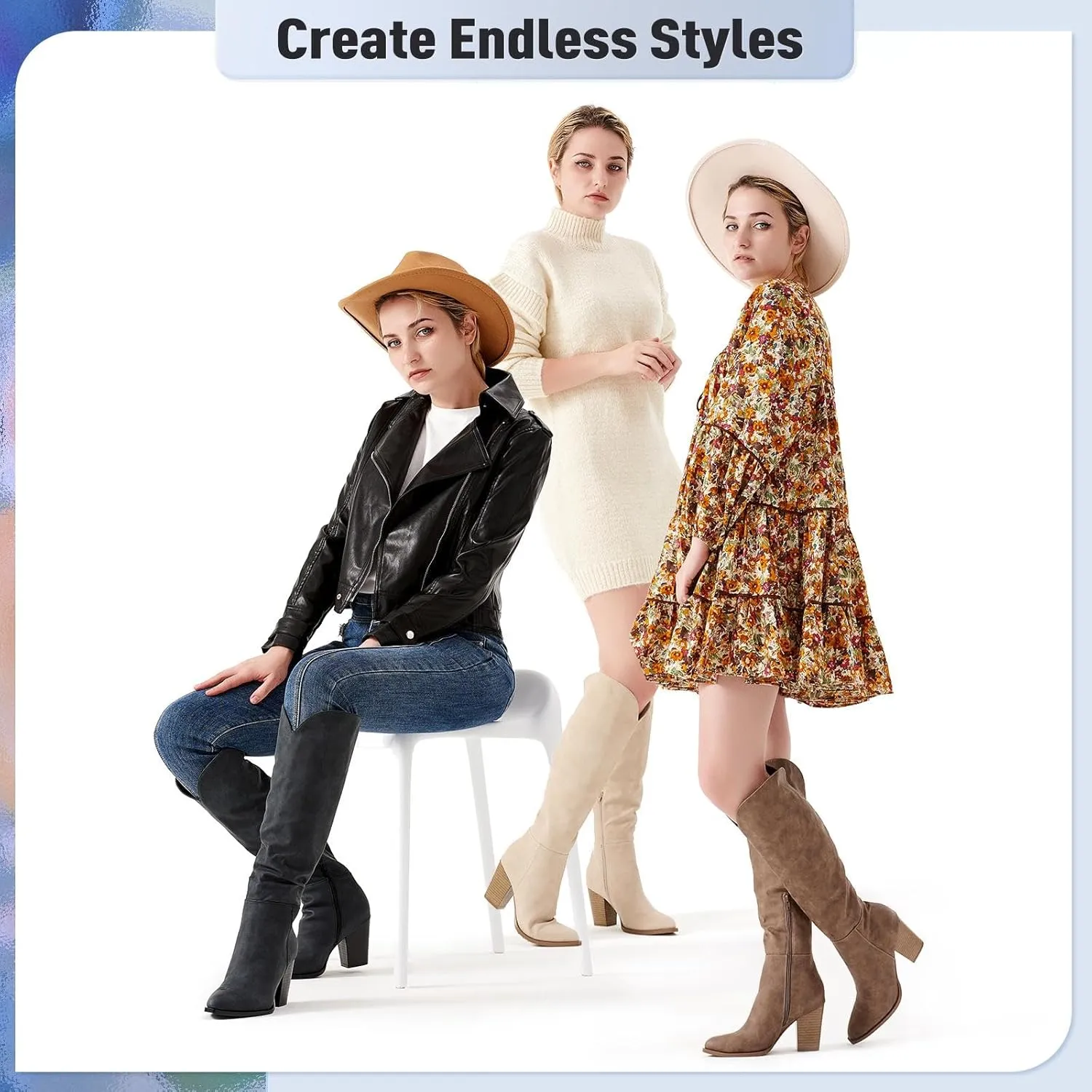 Putu Women's Knee High Boots High Heel Western Boots Pointed Toe Tall Boots Faux Leather