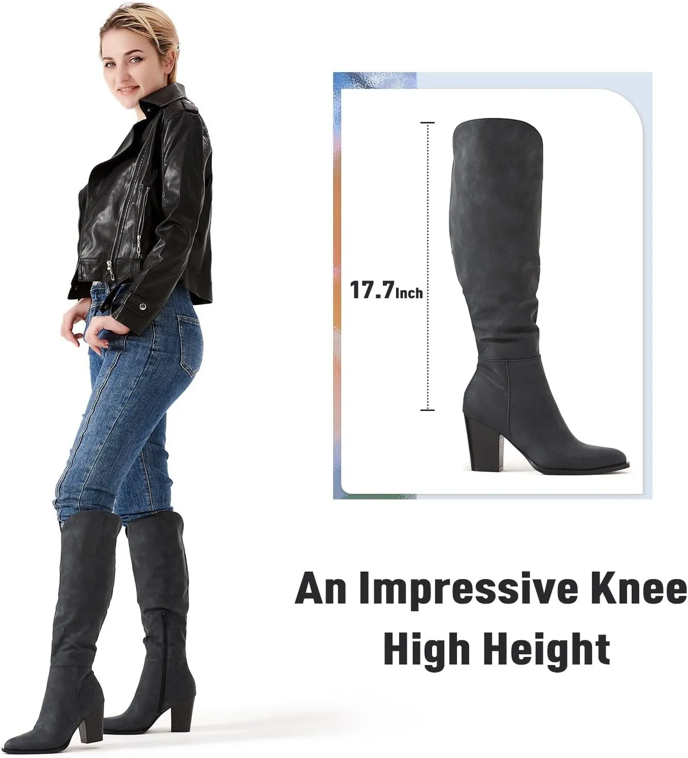 Putu Women's Knee High Boots High Heel Western Boots Pointed Toe Tall Boots Faux Leather