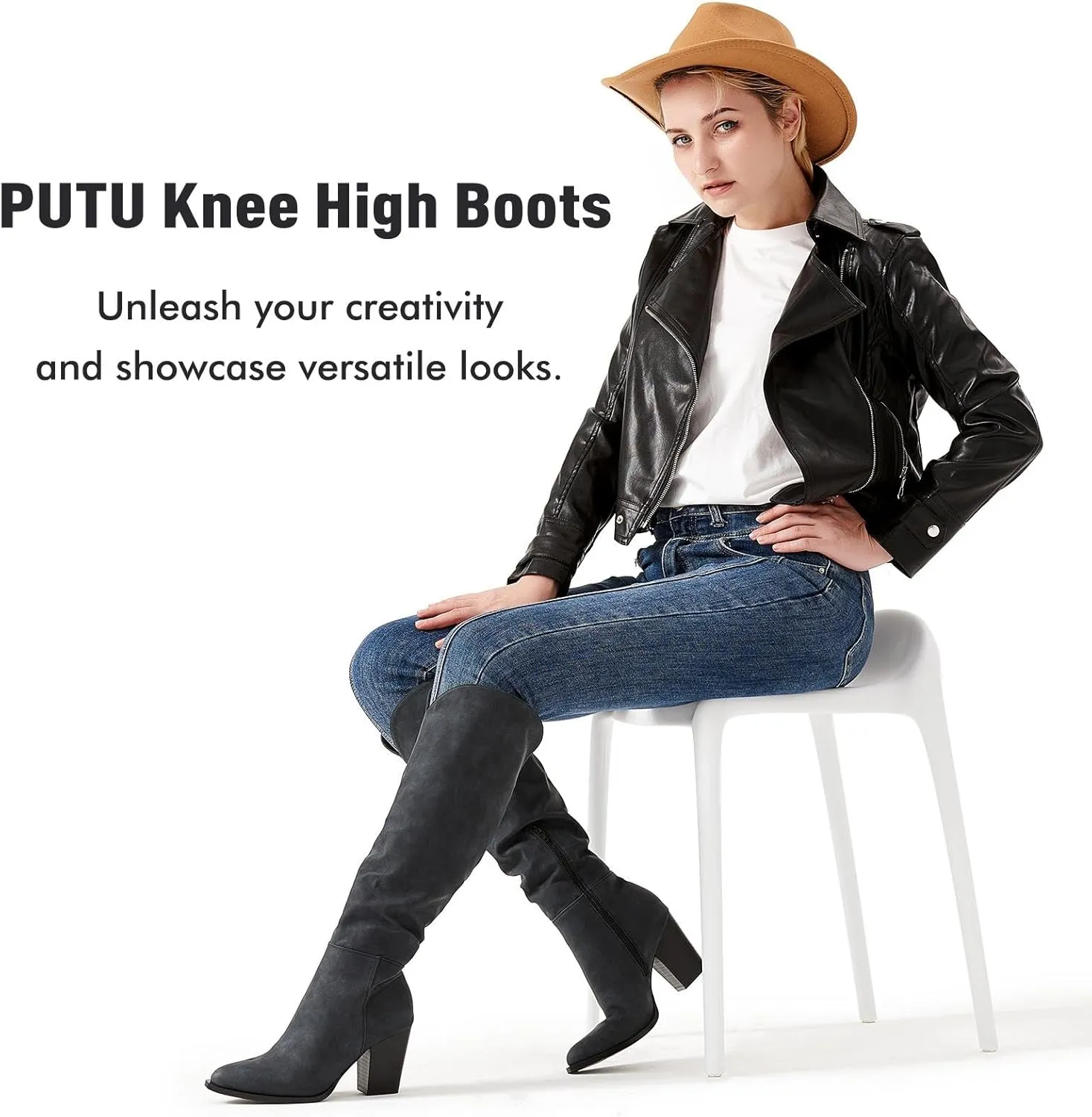 Putu Women's Knee High Boots High Heel Western Boots Pointed Toe Tall Boots Faux Leather