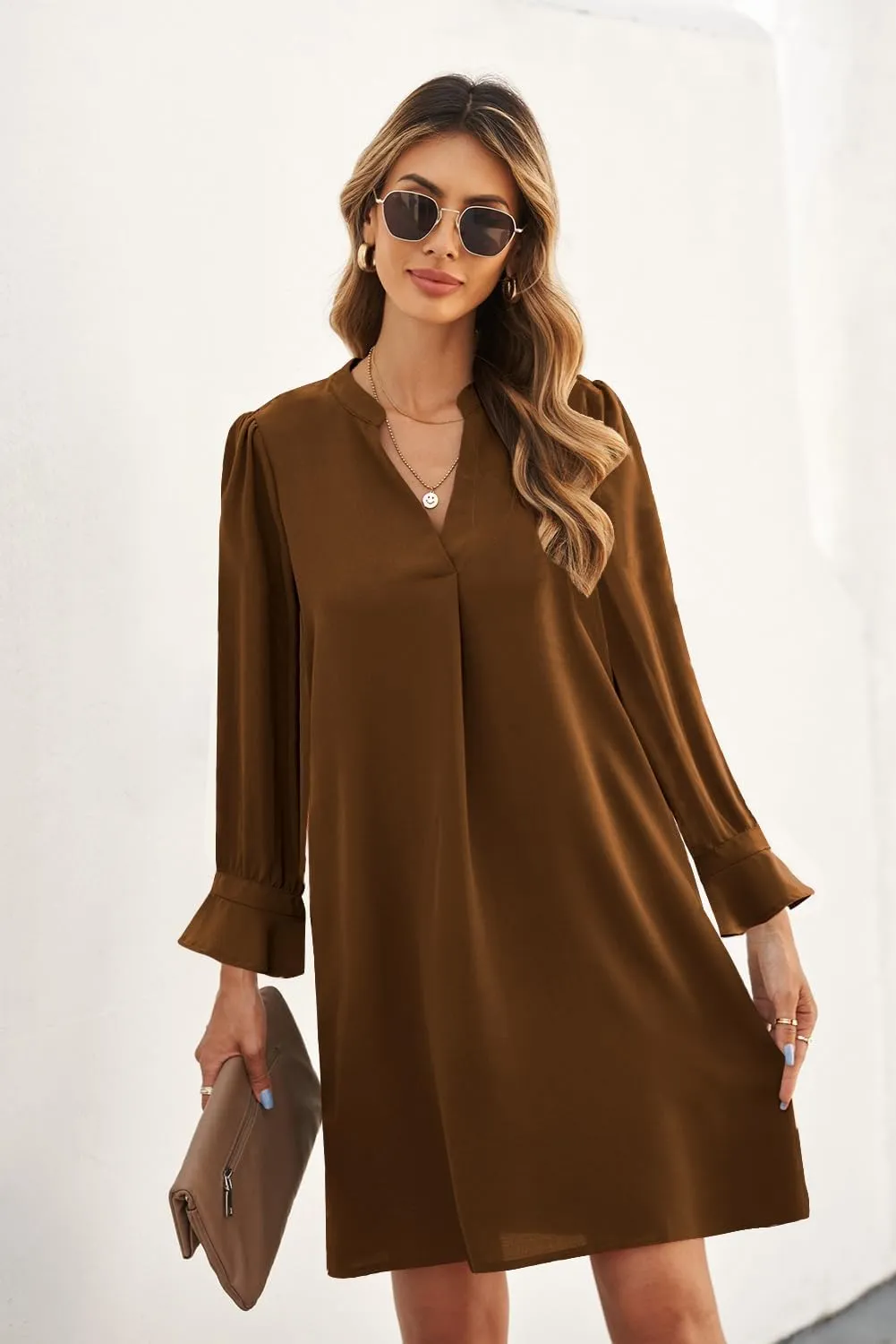 QACOHU Dresses for Women 2025 V Neck Spring Summer Ruffle Long Sleeve Simple Casual Loose Flowy Autumn Winter Shift Dress