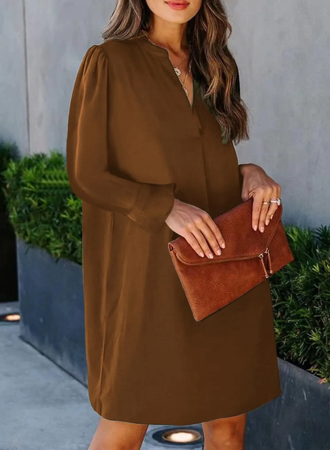 QACOHU Dresses for Women 2025 V Neck Spring Summer Ruffle Long Sleeve Simple Casual Loose Flowy Autumn Winter Shift Dress