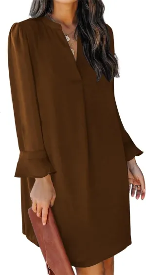 QACOHU Dresses for Women 2025 V Neck Spring Summer Ruffle Long Sleeve Simple Casual Loose Flowy Autumn Winter Shift Dress