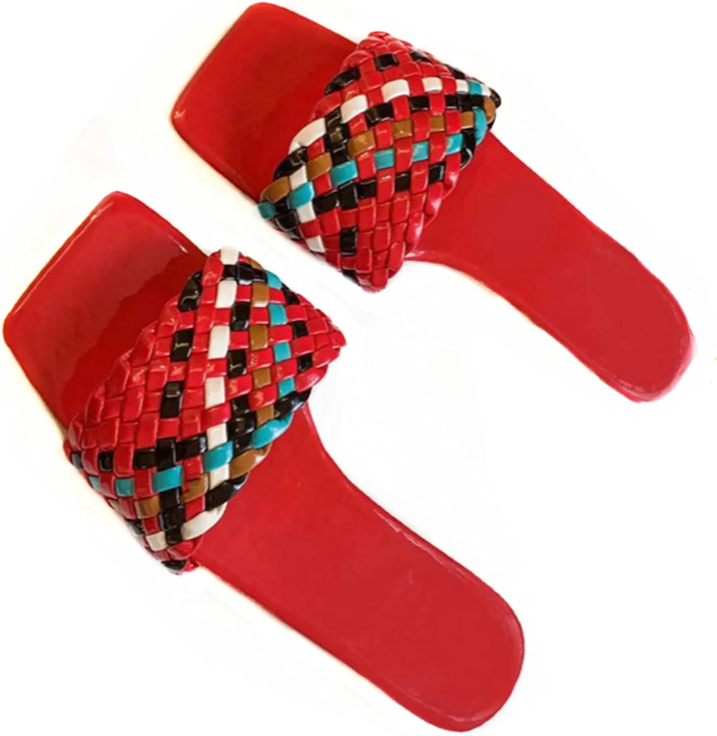 QMFUR Women Square Toe Flat Sandals Woven Leather Slippers Beach slides
