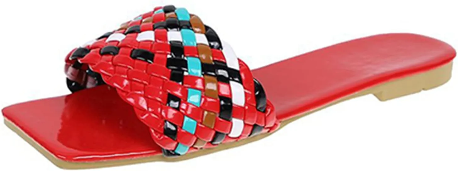 QMFUR Women Square Toe Flat Sandals Woven Leather Slippers Beach slides