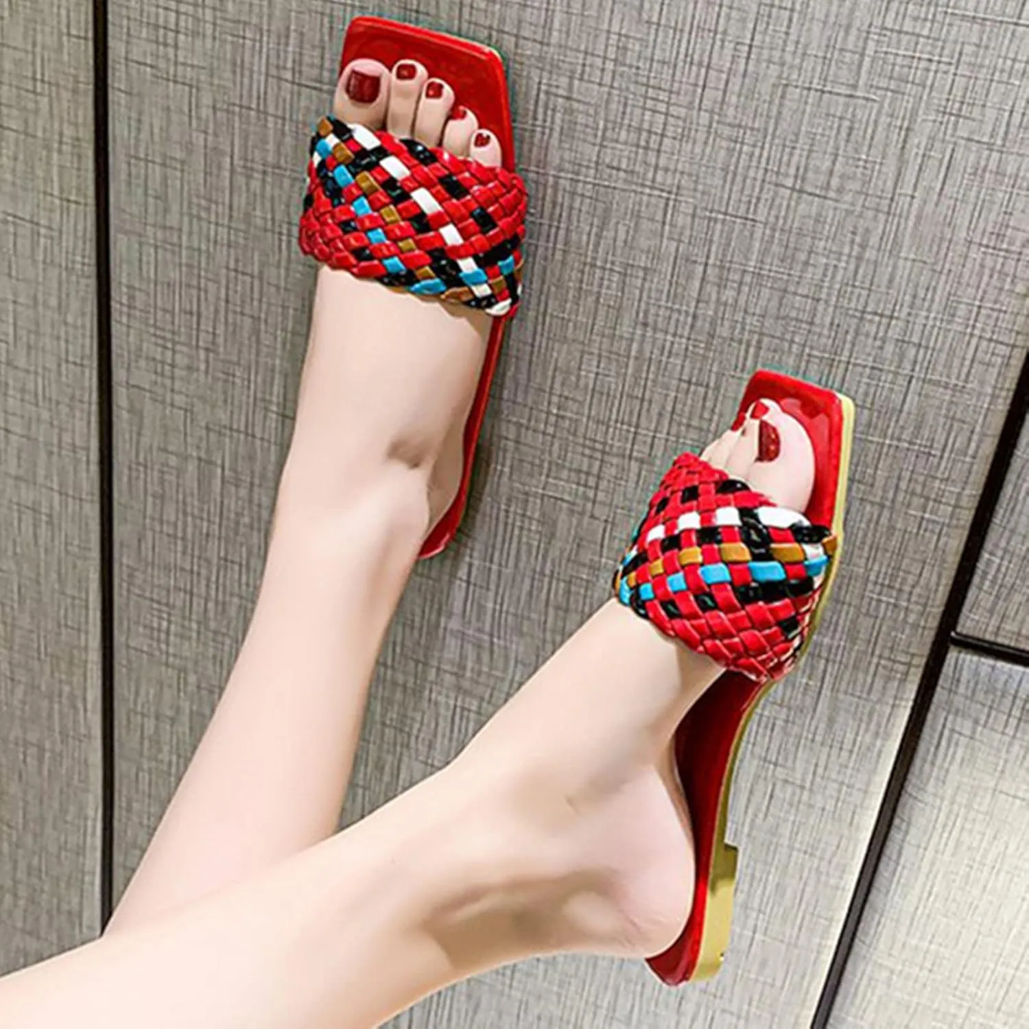QMFUR Women Square Toe Flat Sandals Woven Leather Slippers Beach slides