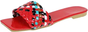 QMFUR Women Square Toe Flat Sandals Woven Leather Slippers Beach slides