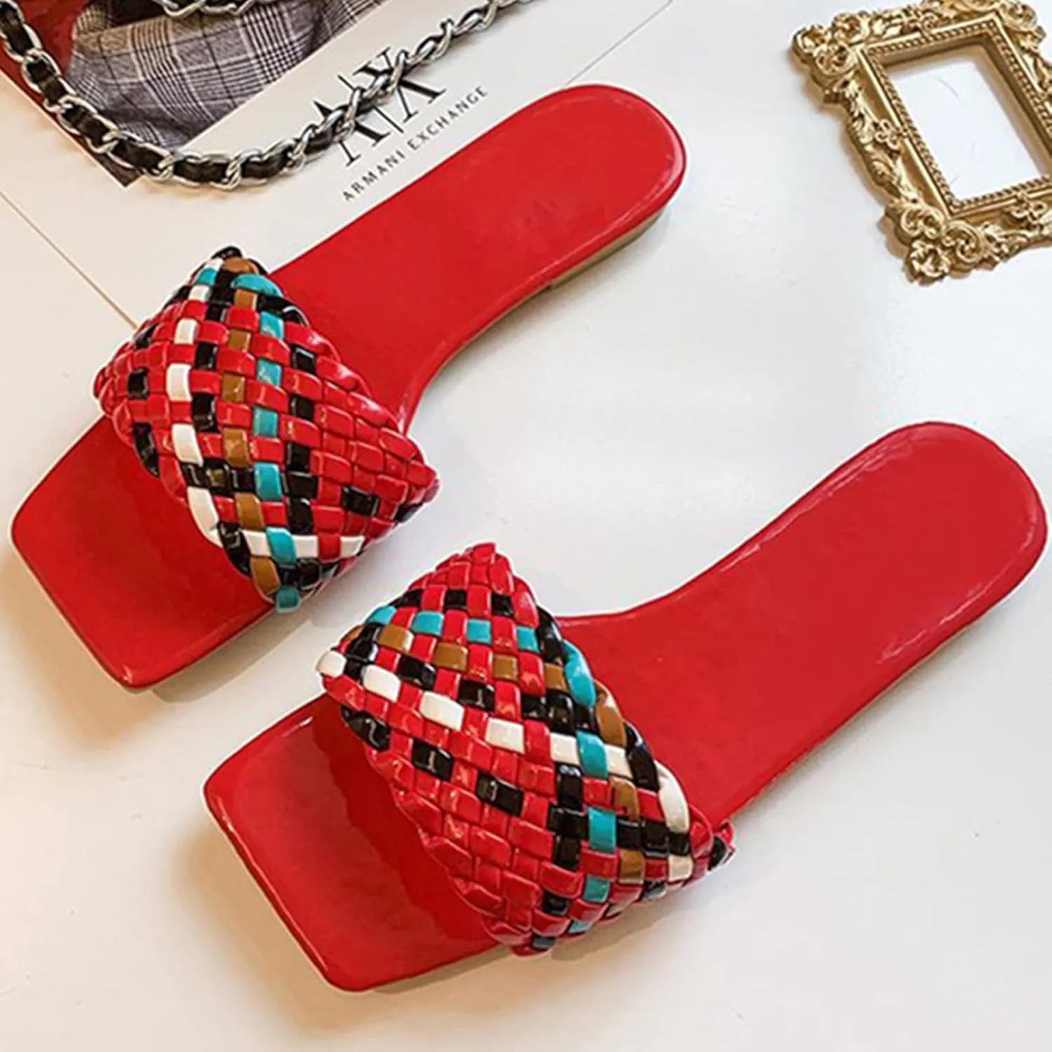 QMFUR Women Square Toe Flat Sandals Woven Leather Slippers Beach slides