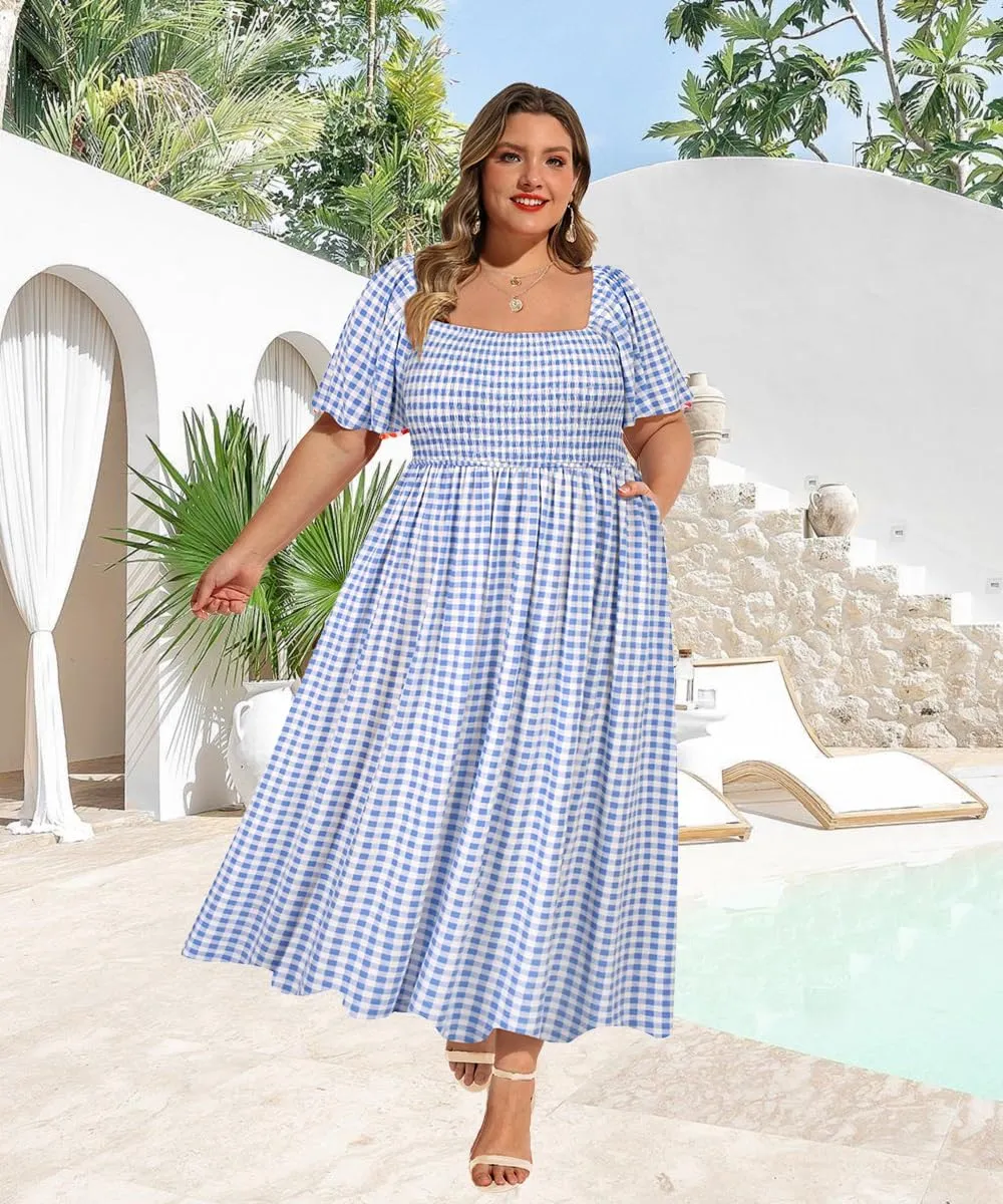 RITERA Plus Size Dresses for Curvy Women Square Neck Short Sleeve Summer Floral Smocked Maxi Dress with Pocket XL-5XL