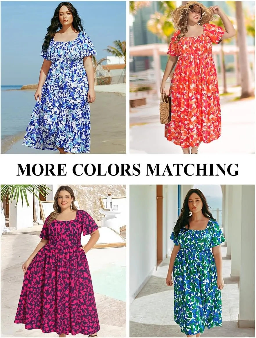 RITERA Plus Size Dresses for Curvy Women Square Neck Short Sleeve Summer Floral Smocked Maxi Dress with Pocket XL-5XL