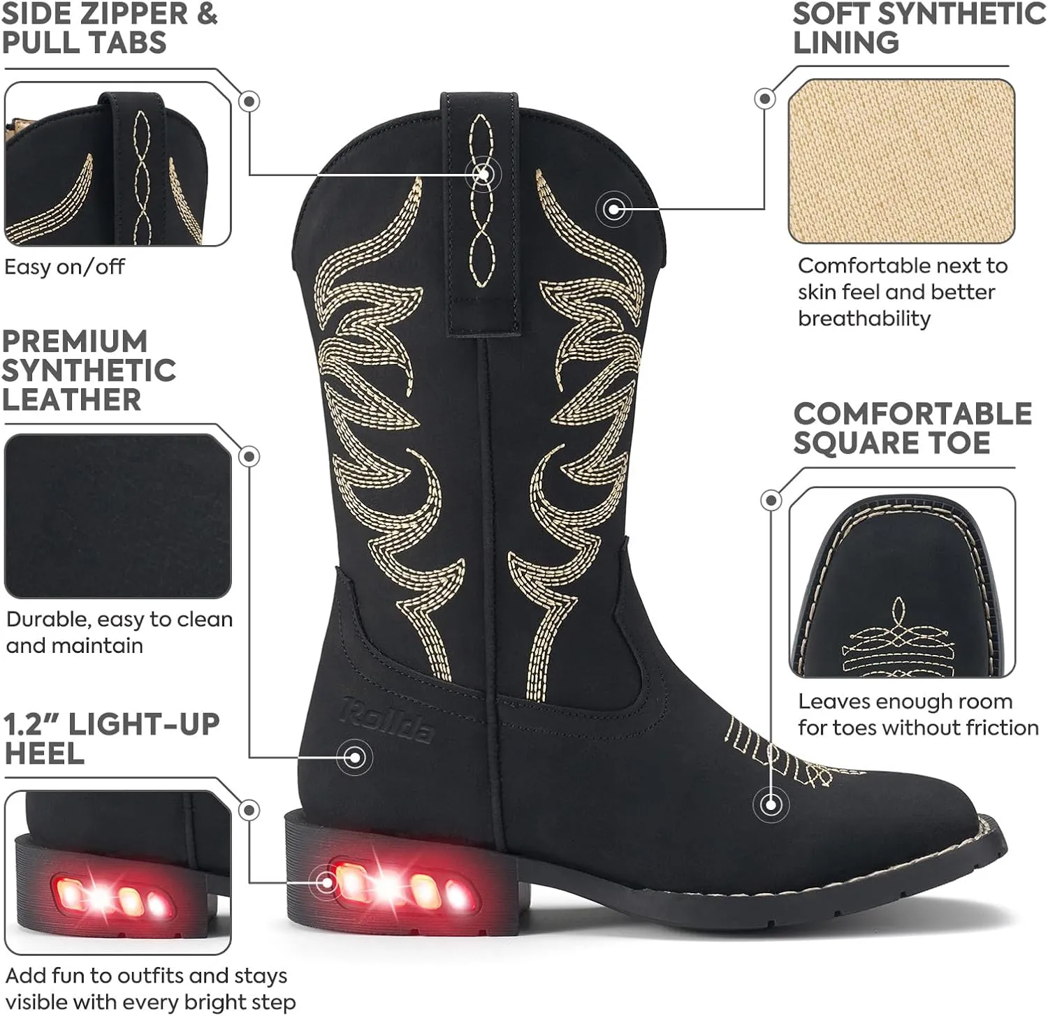 Rollda Toddler Cowboy Boots for Boys Girls Cowgirl Boots Light Up Kids Western Boots for Toddler/Little Kid