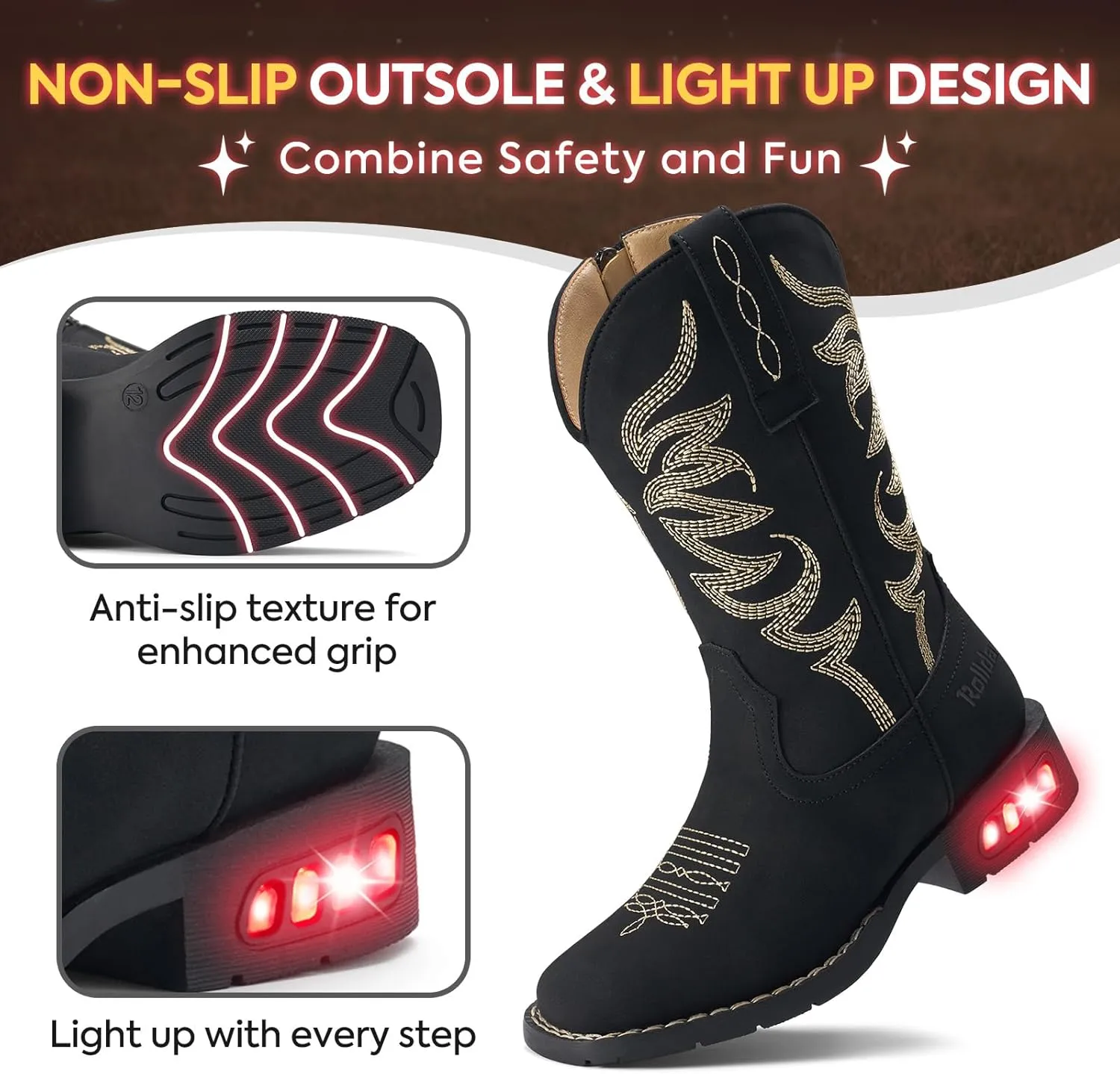 Rollda Toddler Cowboy Boots for Boys Girls Cowgirl Boots Light Up Kids Western Boots for Toddler/Little Kid