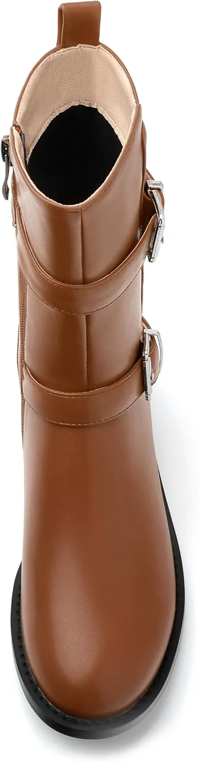 ROSERWISH Mid Calf Boots for Women Riding Ankle Boots Round Toe Low Chunky Heel Short Boots Fashion Fall Winter Combat Booties Buckle Style Dress Boots with Zipper