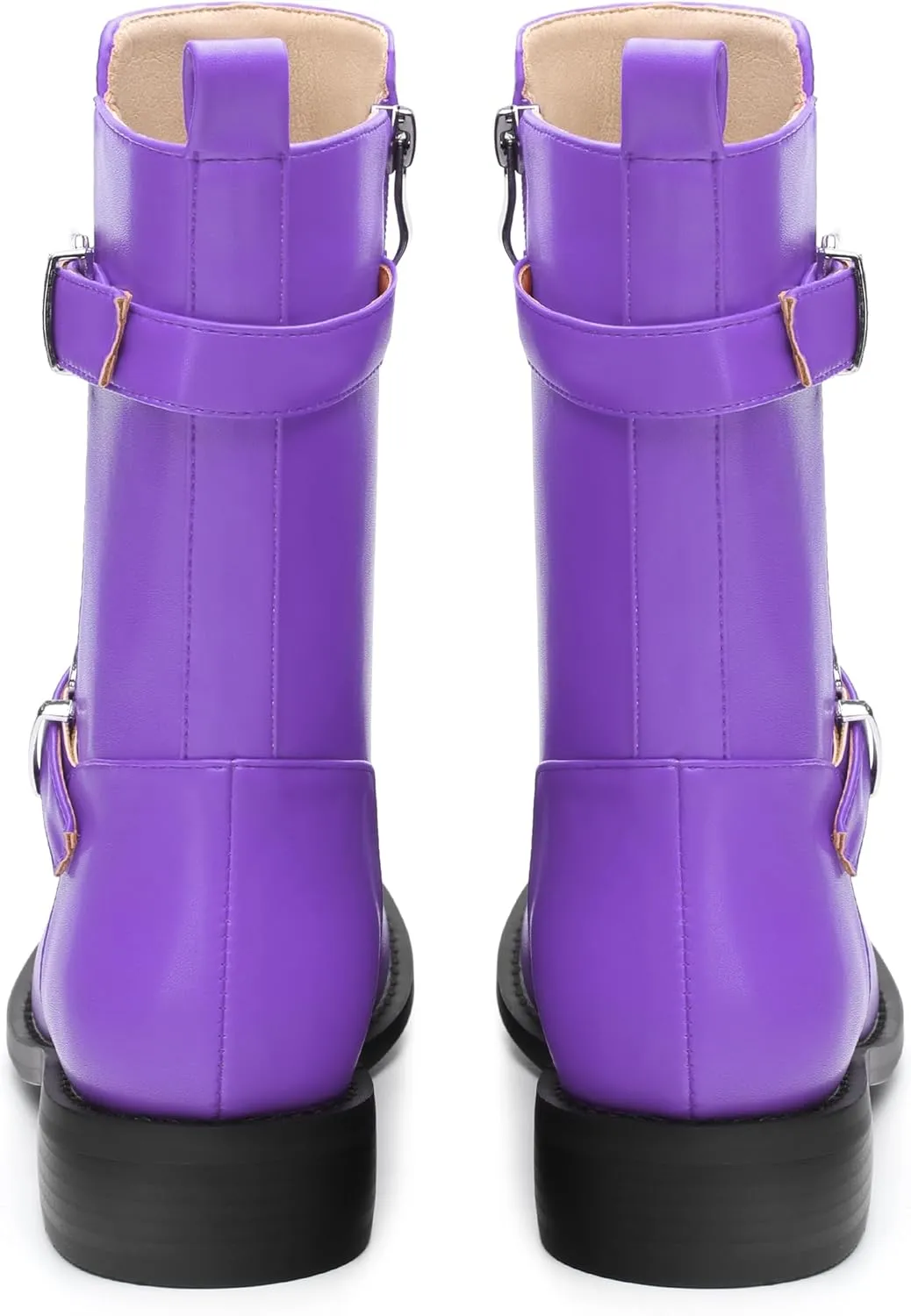 ROSERWISH Mid Calf Boots for Women Riding Ankle Boots Round Toe Low Chunky Heel Short Boots Fashion Fall Winter Combat Booties Buckle Style Dress Boots with Zipper