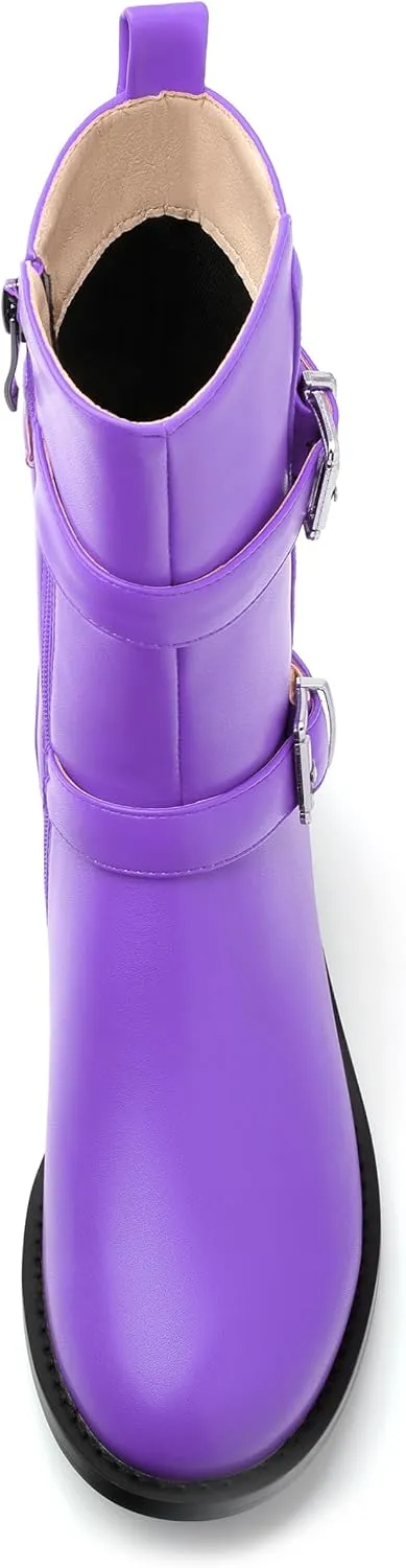 ROSERWISH Mid Calf Boots for Women Riding Ankle Boots Round Toe Low Chunky Heel Short Boots Fashion Fall Winter Combat Booties Buckle Style Dress Boots with Zipper