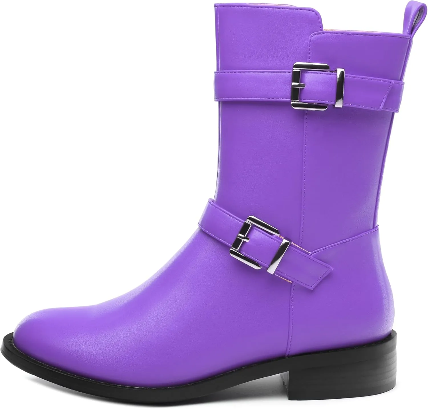 ROSERWISH Mid Calf Boots for Women Riding Ankle Boots Round Toe Low Chunky Heel Short Boots Fashion Fall Winter Combat Booties Buckle Style Dress Boots with Zipper