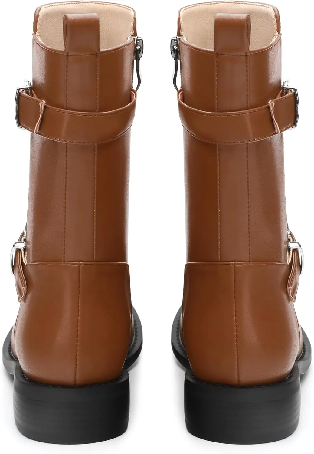 ROSERWISH Mid Calf Boots for Women Riding Ankle Boots Round Toe Low Chunky Heel Short Boots Fashion Fall Winter Combat Booties Buckle Style Dress Boots with Zipper