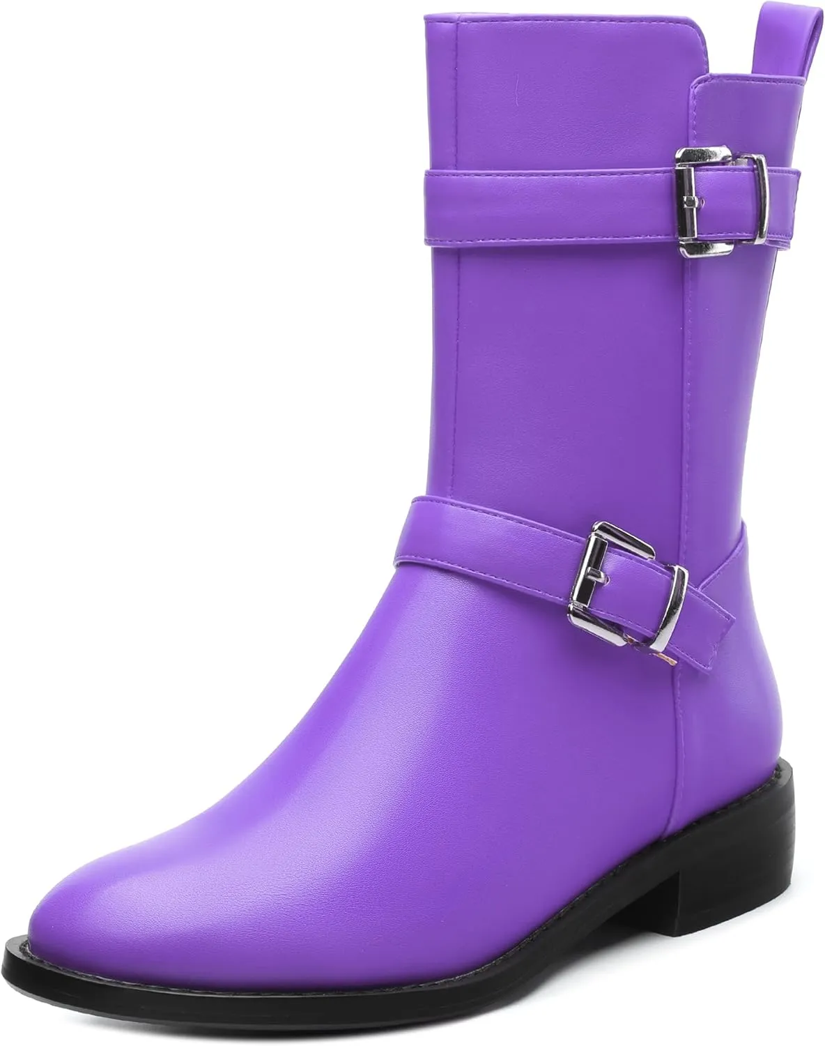 ROSERWISH Mid Calf Boots for Women Riding Ankle Boots Round Toe Low Chunky Heel Short Boots Fashion Fall Winter Combat Booties Buckle Style Dress Boots with Zipper
