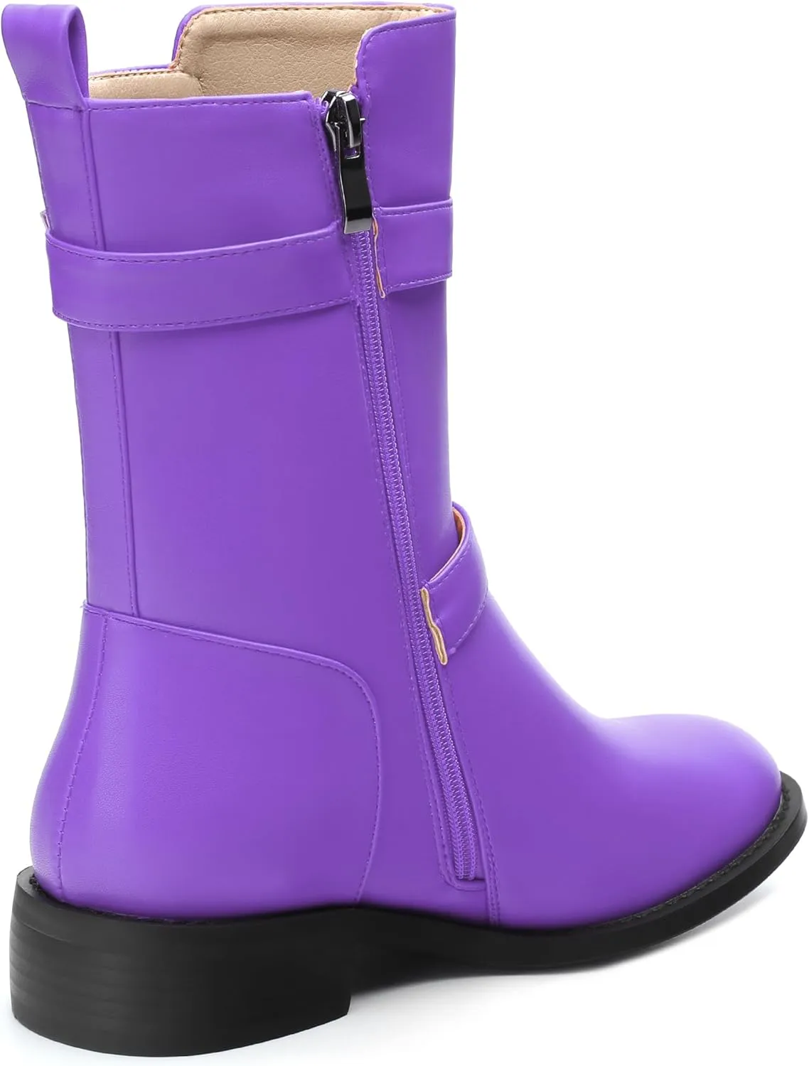 ROSERWISH Mid Calf Boots for Women Riding Ankle Boots Round Toe Low Chunky Heel Short Boots Fashion Fall Winter Combat Booties Buckle Style Dress Boots with Zipper