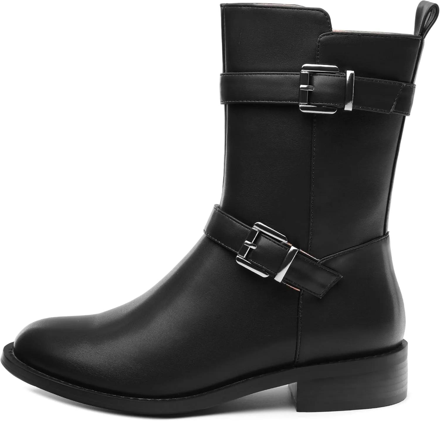 ROSERWISH Mid Calf Boots for Women Riding Ankle Boots Round Toe Low Chunky Heel Short Boots Fashion Fall Winter Combat Booties Buckle Style Dress Boots with Zipper