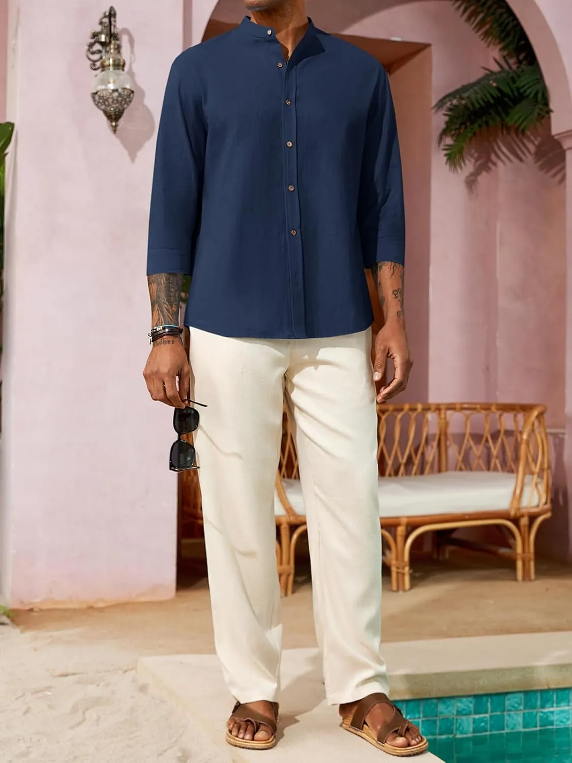 Runcati Mens Casual Linen Shirts 3/4 Sleeve Button Down Banded Collar Summer Beach Shirt