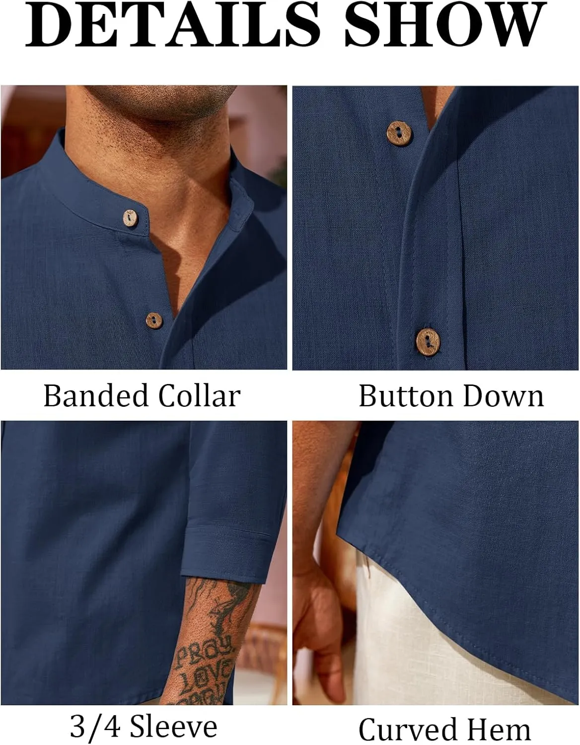Runcati Mens Casual Linen Shirts 3/4 Sleeve Button Down Banded Collar Summer Beach Shirt