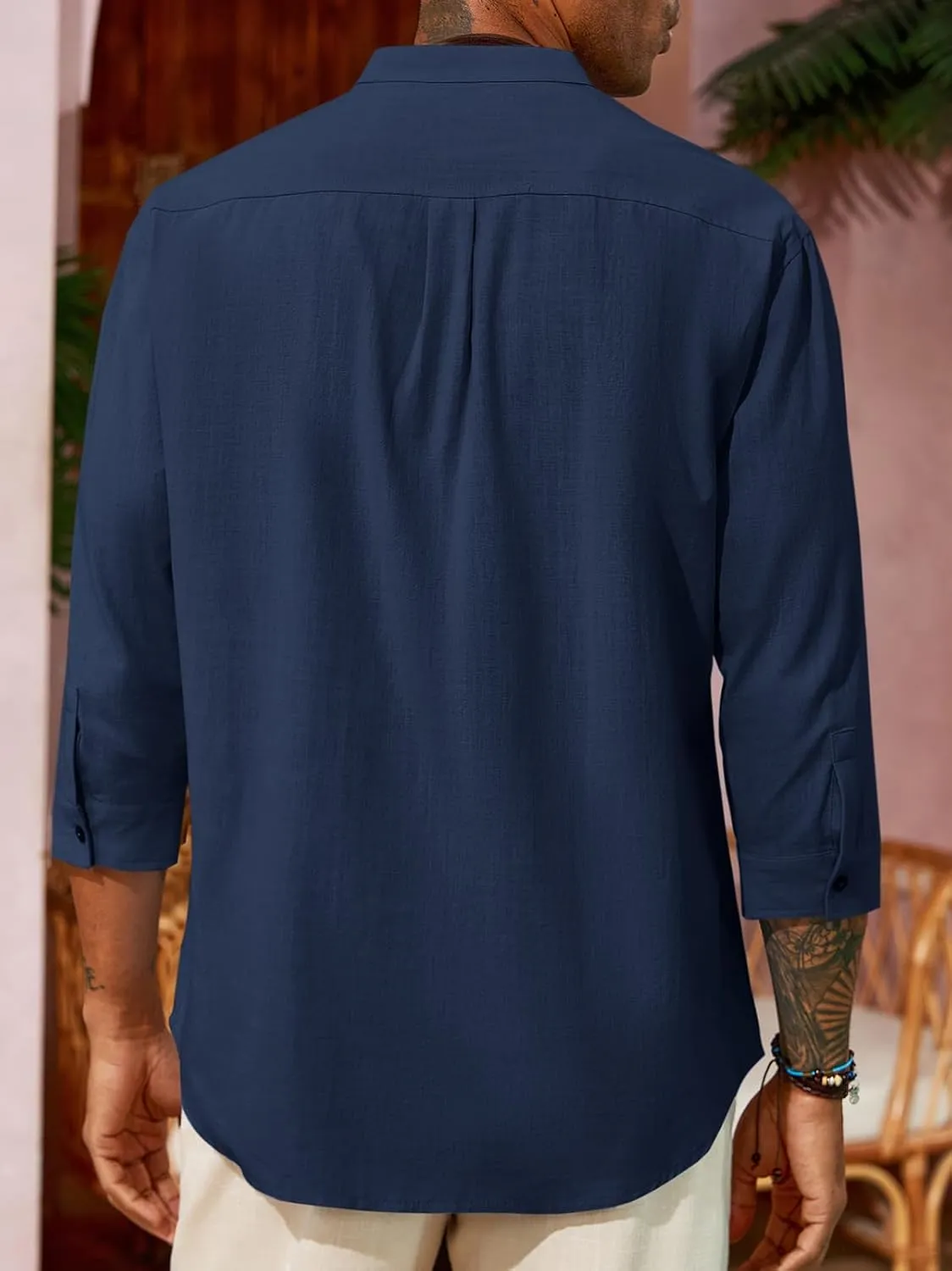 Runcati Mens Casual Linen Shirts 3/4 Sleeve Button Down Banded Collar Summer Beach Shirt
