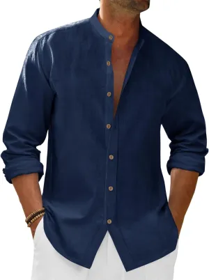 Runcati Mens Casual Linen Shirts 3/4 Sleeve Button Down Banded Collar Summer Beach Shirt