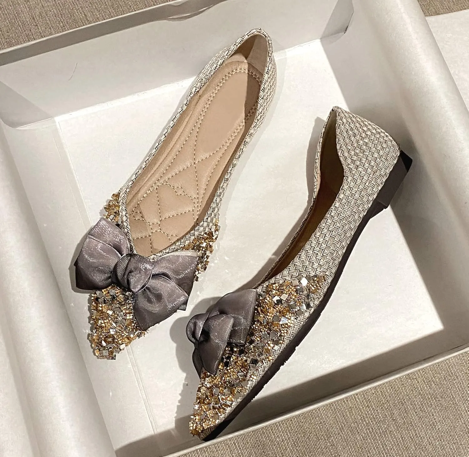 SAILING LU Dressy Shoes for Women Pointed Toe Bowknot Ballet Flats Comfortable Light Weight Slip on Walking Loafers