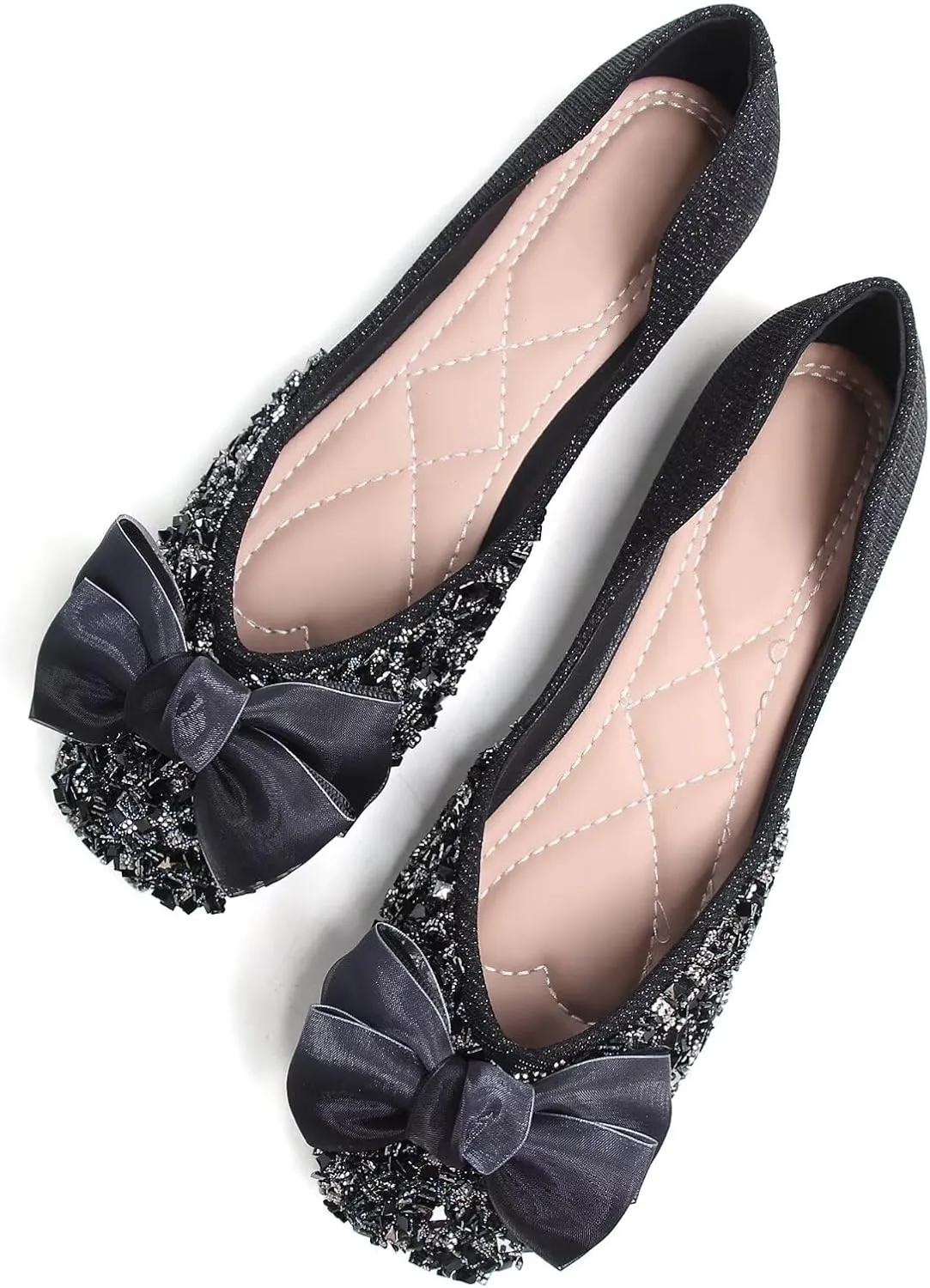 SAILING LU Square Toe Flats Shoes Rhinestoned Bowknots Ballet Flats for Women Studded Dress Shoes Comfort Light Weight Loafers