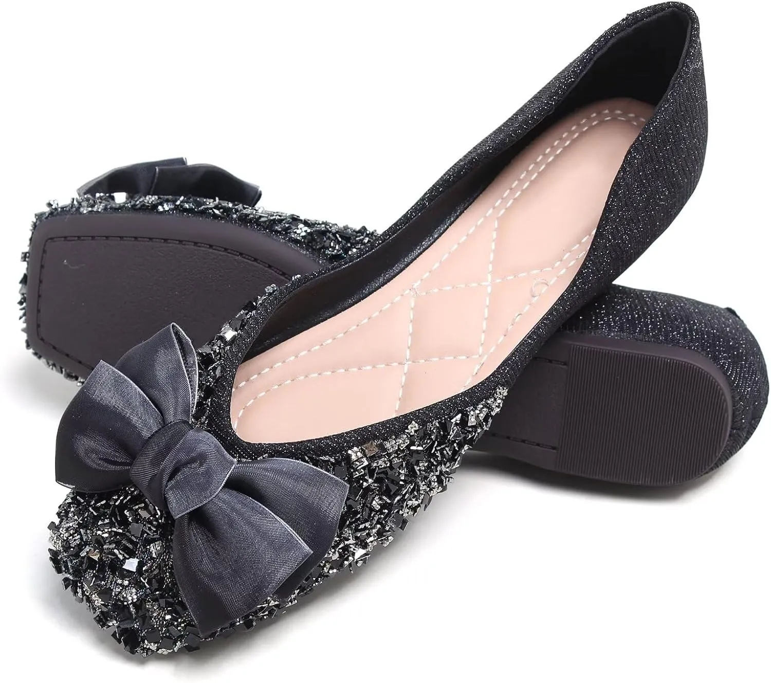 SAILING LU Square Toe Flats Shoes Rhinestoned Bowknots Ballet Flats for Women Studded Dress Shoes Comfort Light Weight Loafers