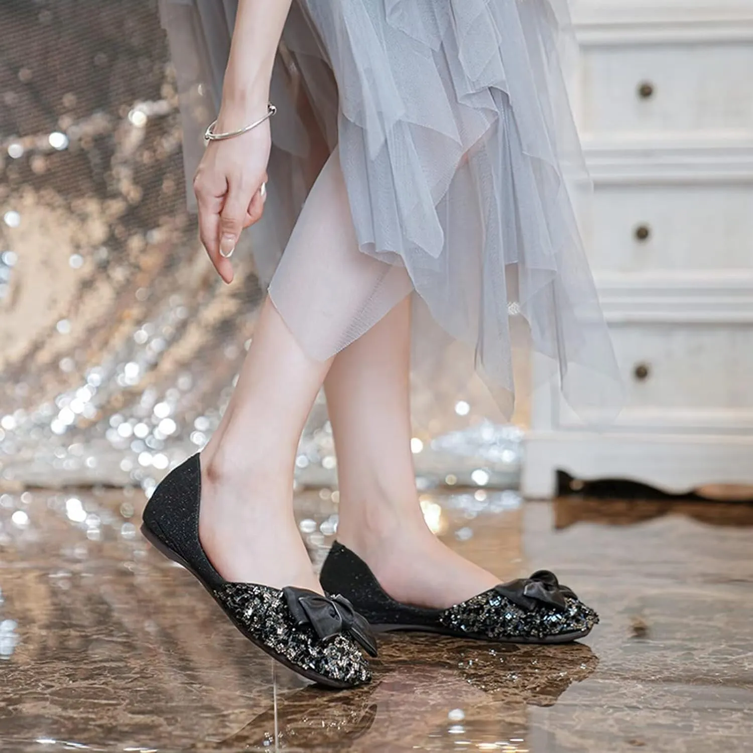 SAILING LU Square Toe Flats Shoes Rhinestoned Bowknots Ballet Flats for Women Studded Dress Shoes Comfort Light Weight Loafers