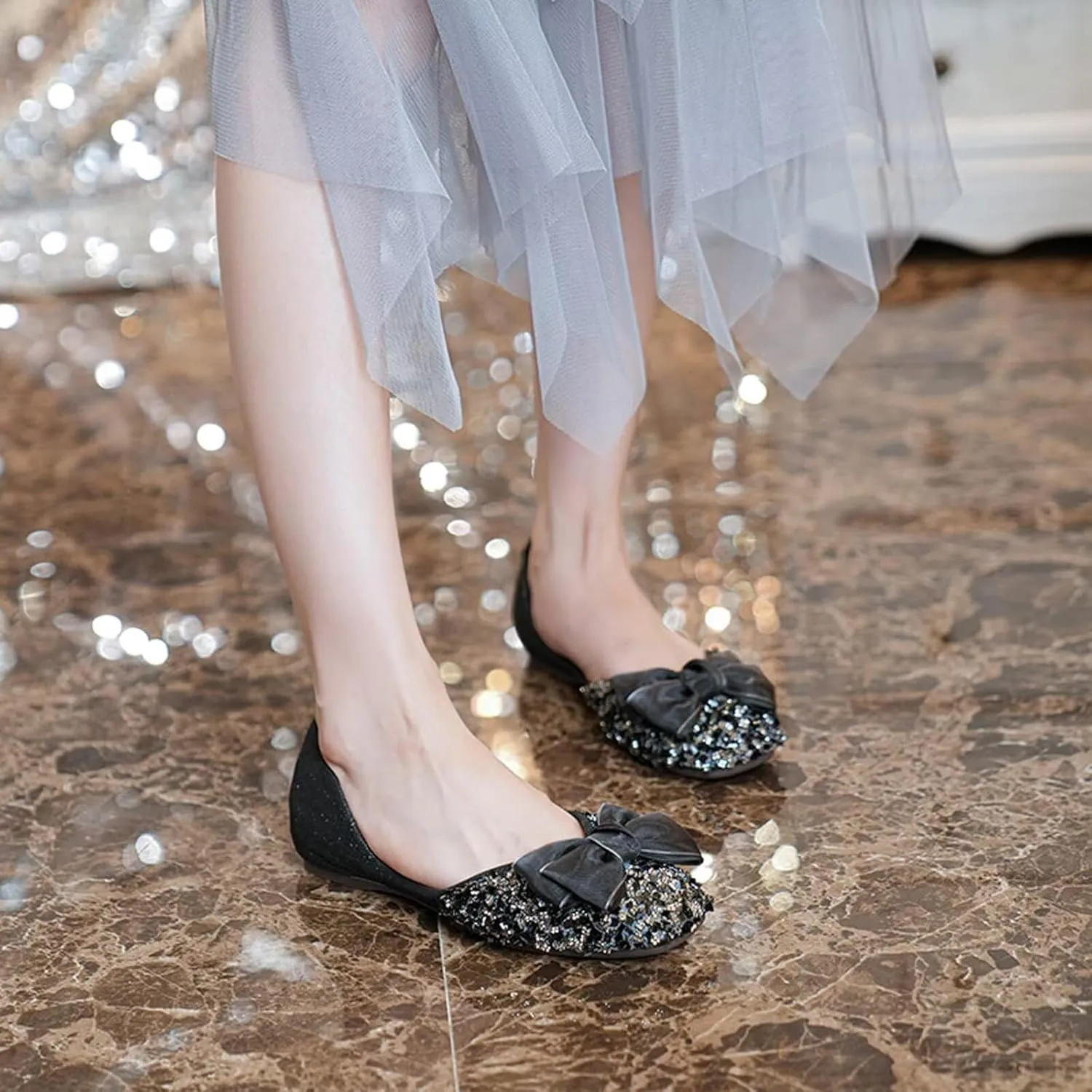 SAILING LU Square Toe Flats Shoes Rhinestoned Bowknots Ballet Flats for Women Studded Dress Shoes Comfort Light Weight Loafers
