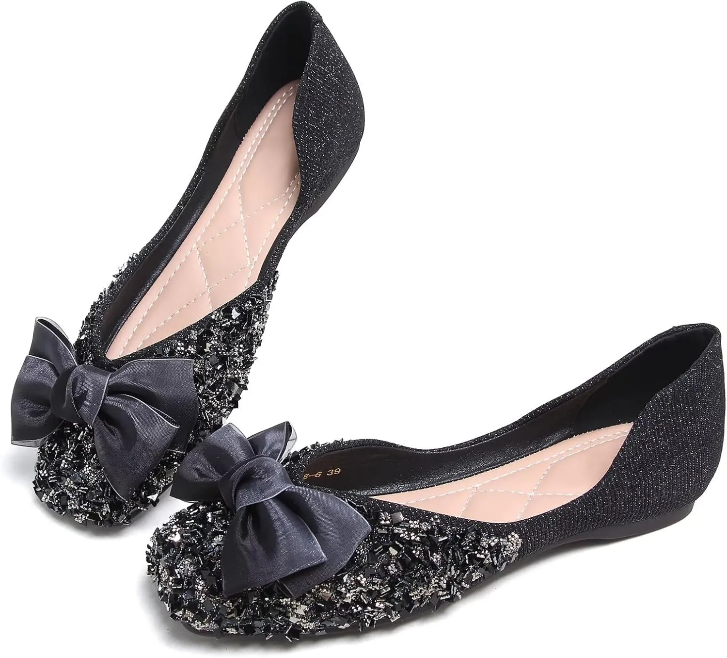 SAILING LU Square Toe Flats Shoes Rhinestoned Bowknots Ballet Flats for Women Studded Dress Shoes Comfort Light Weight Loafers