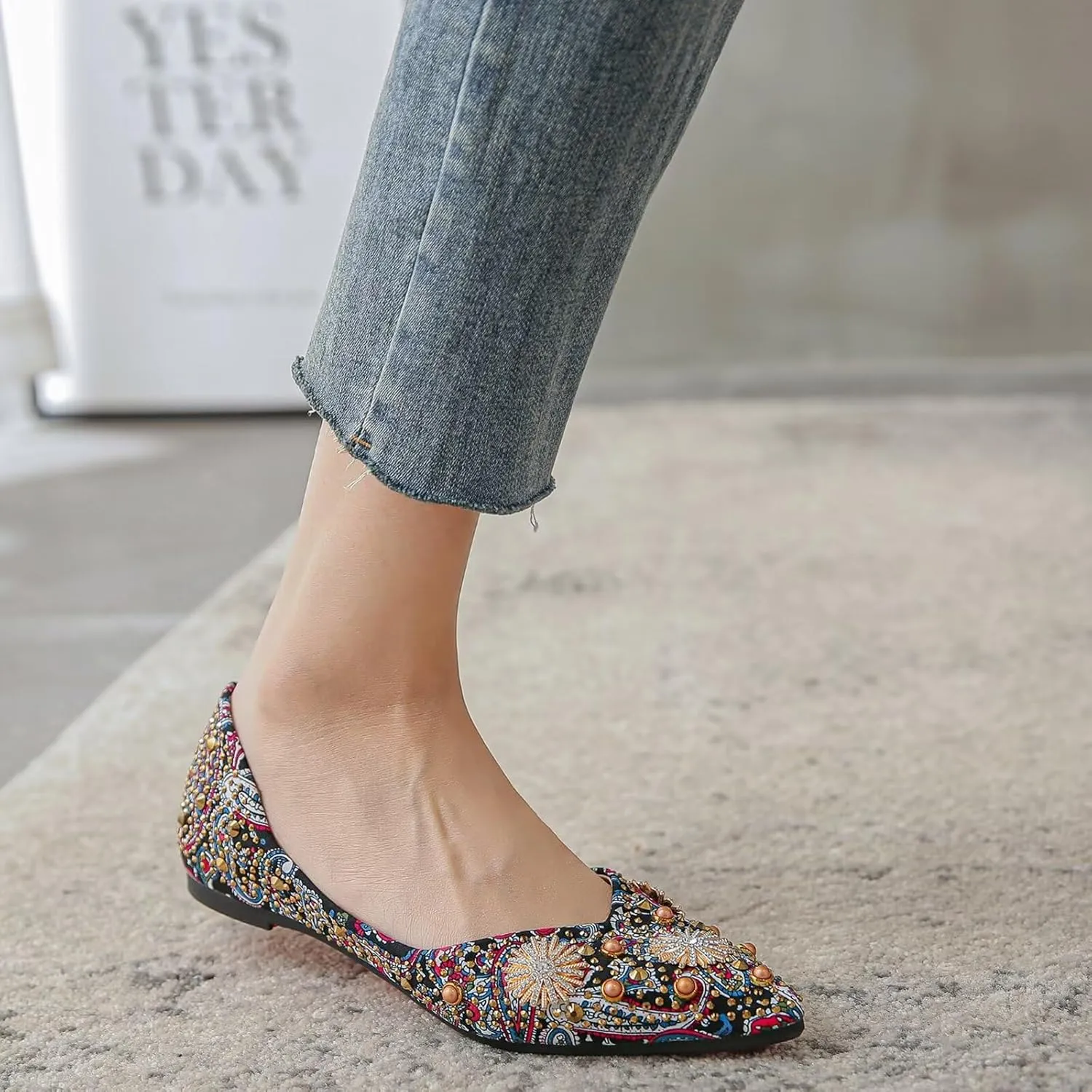 SAILING LU Women's Flats Shoes Sparkly Rhinestone Dressy Casual Slip ons Ballet Flats Floral Dress Shoes for Women Wedding Flats Comfortable