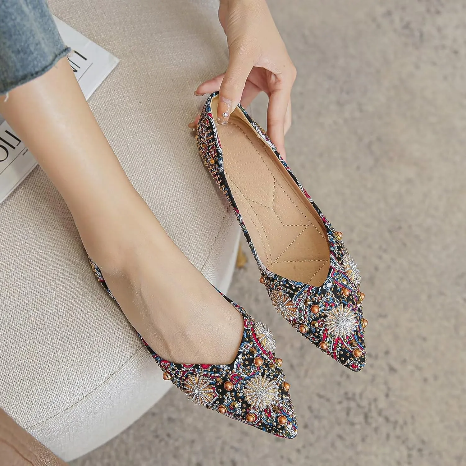 SAILING LU Women's Flats Shoes Sparkly Rhinestone Dressy Casual Slip ons Ballet Flats Floral Dress Shoes for Women Wedding Flats Comfortable