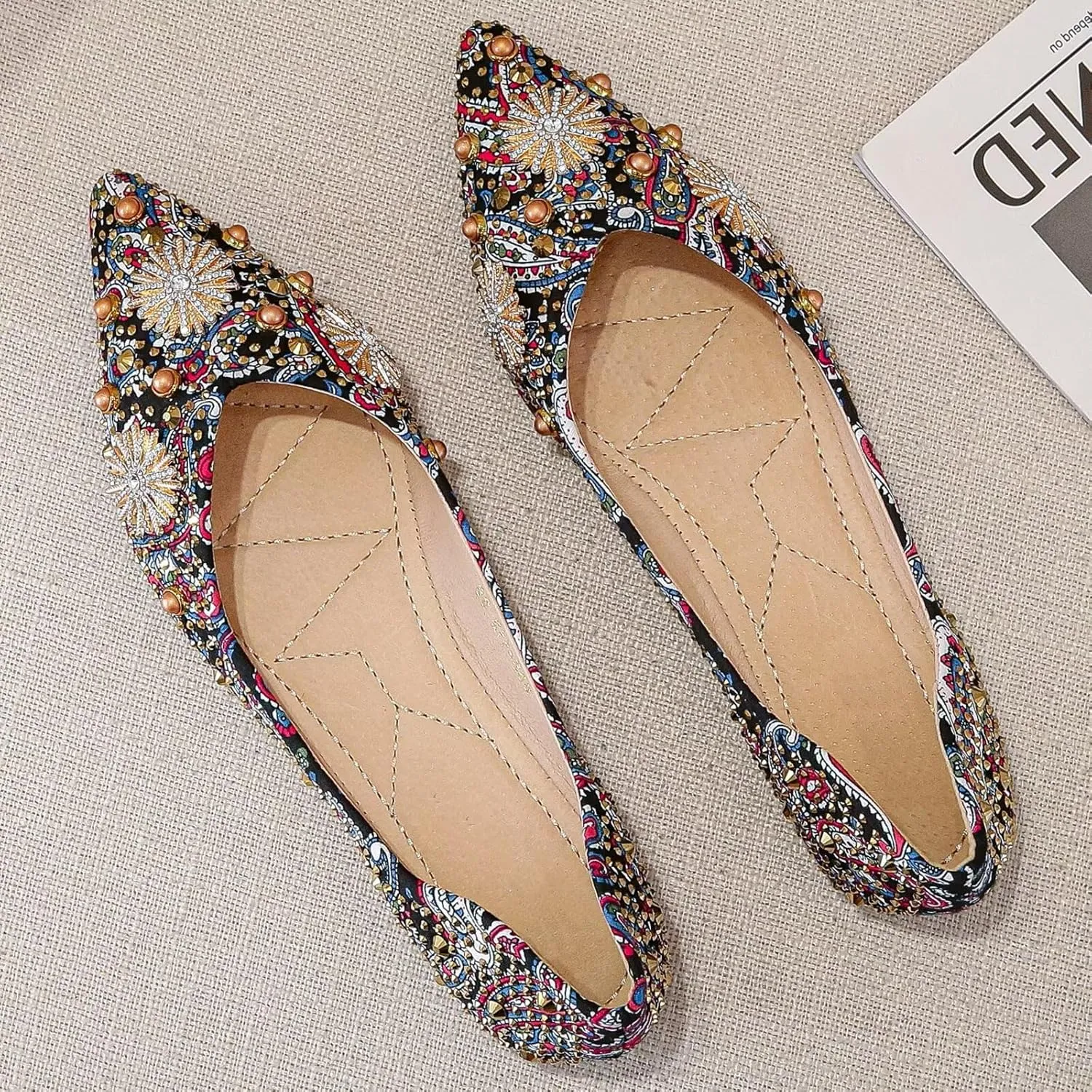 SAILING LU Women's Flats Shoes Sparkly Rhinestone Dressy Casual Slip ons Ballet Flats Floral Dress Shoes for Women Wedding Flats Comfortable