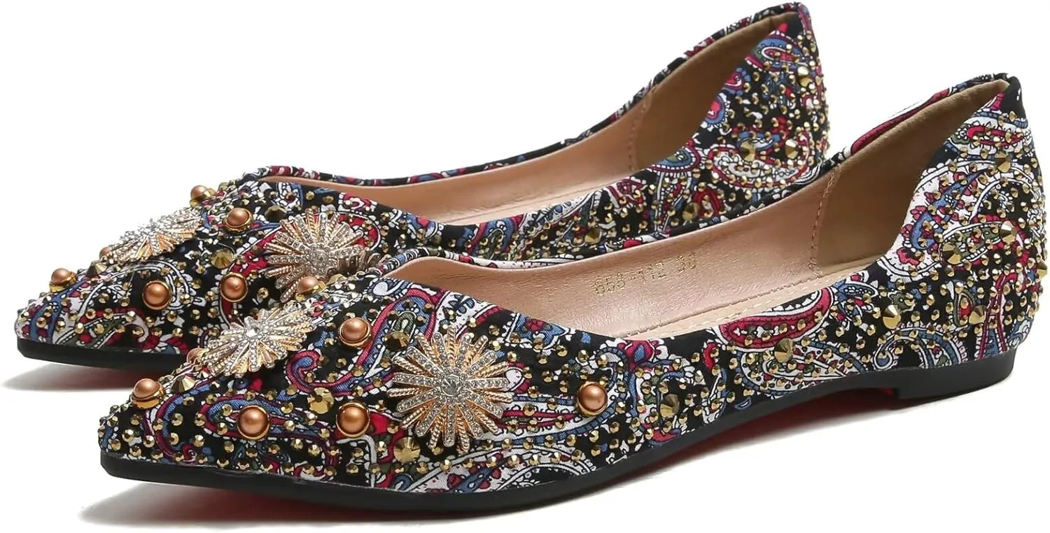 SAILING LU Women's Flats Shoes Sparkly Rhinestone Dressy Casual Slip ons Ballet Flats Floral Dress Shoes for Women Wedding Flats Comfortable