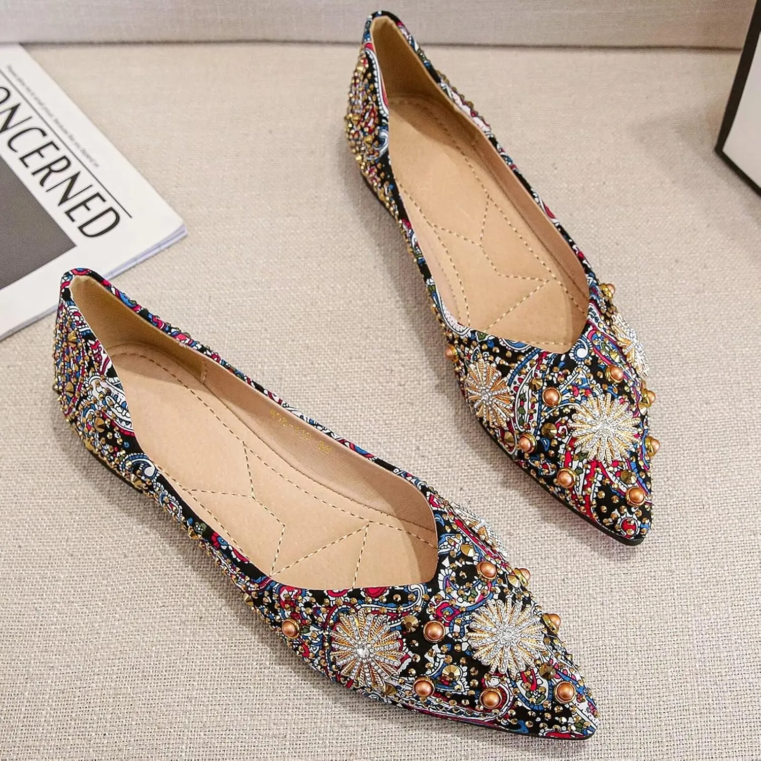 SAILING LU Women's Flats Shoes Sparkly Rhinestone Dressy Casual Slip ons Ballet Flats Floral Dress Shoes for Women Wedding Flats Comfortable