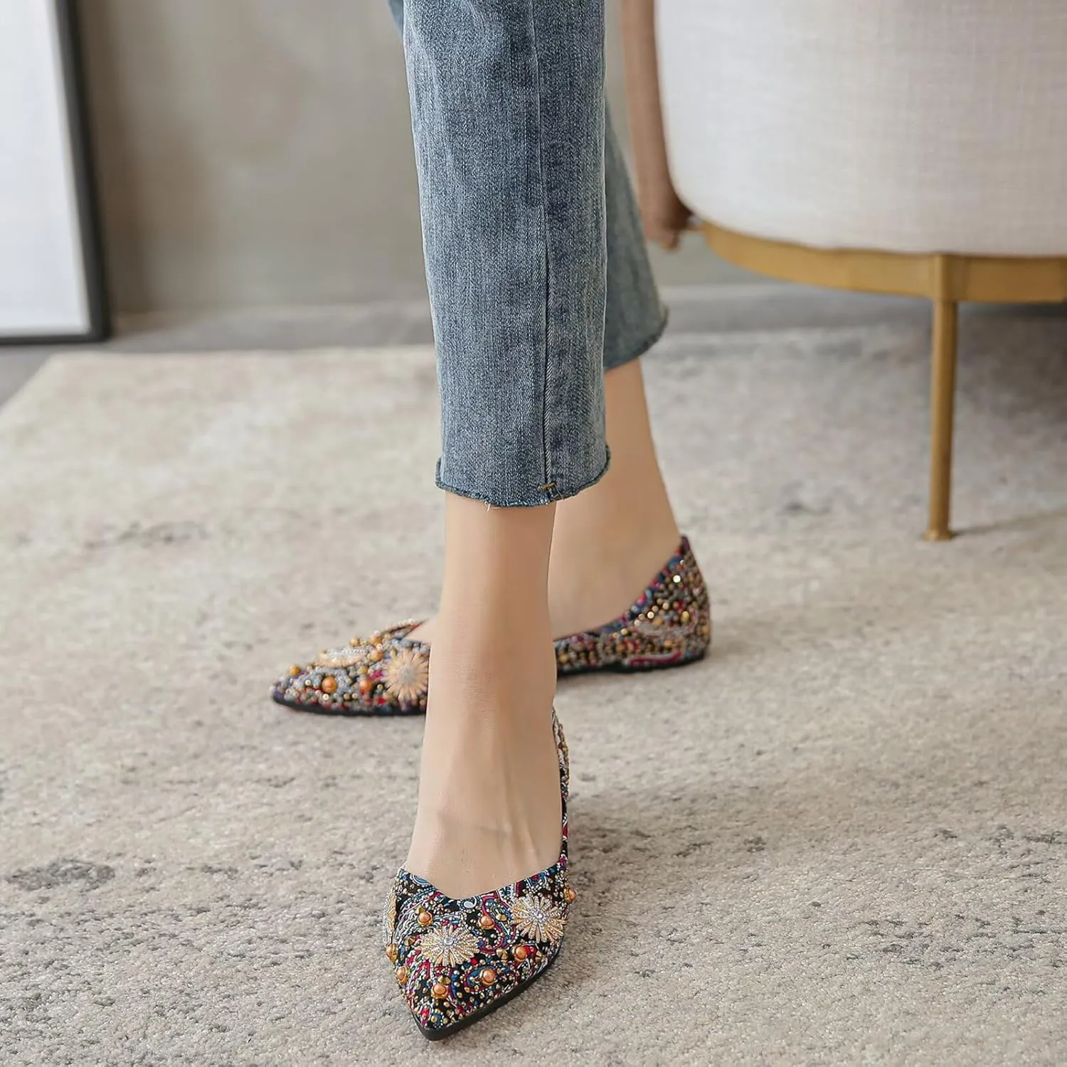 SAILING LU Women's Flats Shoes Sparkly Rhinestone Dressy Casual Slip ons Ballet Flats Floral Dress Shoes for Women Wedding Flats Comfortable