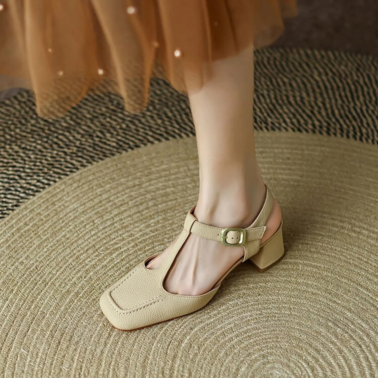 Sandals For Women Sandals Women Square Toe Chunky Heel Shoes Mid Heel Split Leather Shoes Women Solid Cover Toe Female