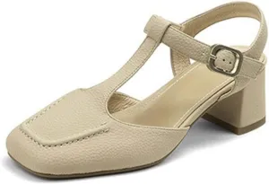 Sandals For Women Sandals Women Square Toe Chunky Heel Shoes Mid Heel Split Leather Shoes Women Solid Cover Toe Female