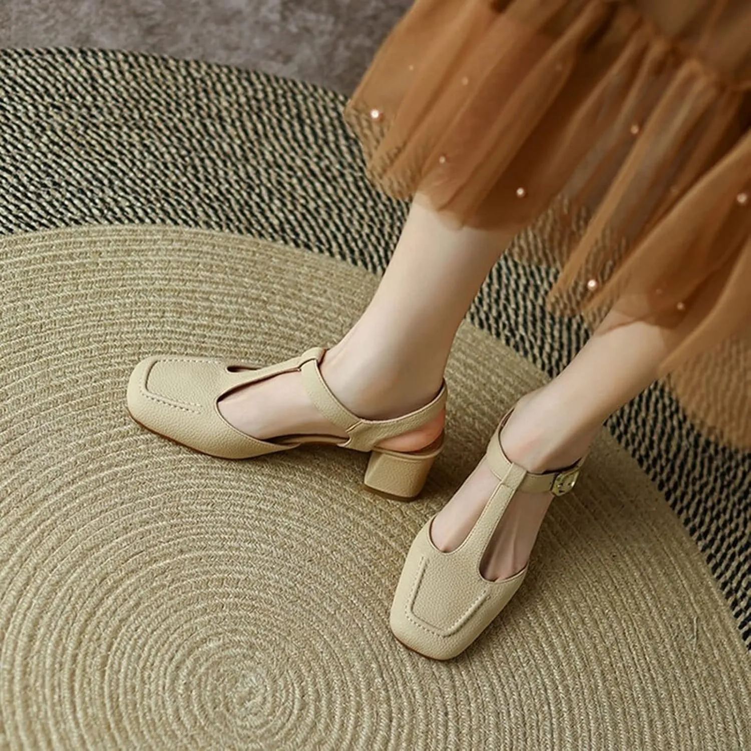 Sandals For Women Sandals Women Square Toe Chunky Heel Shoes Mid Heel Split Leather Shoes Women Solid Cover Toe Female