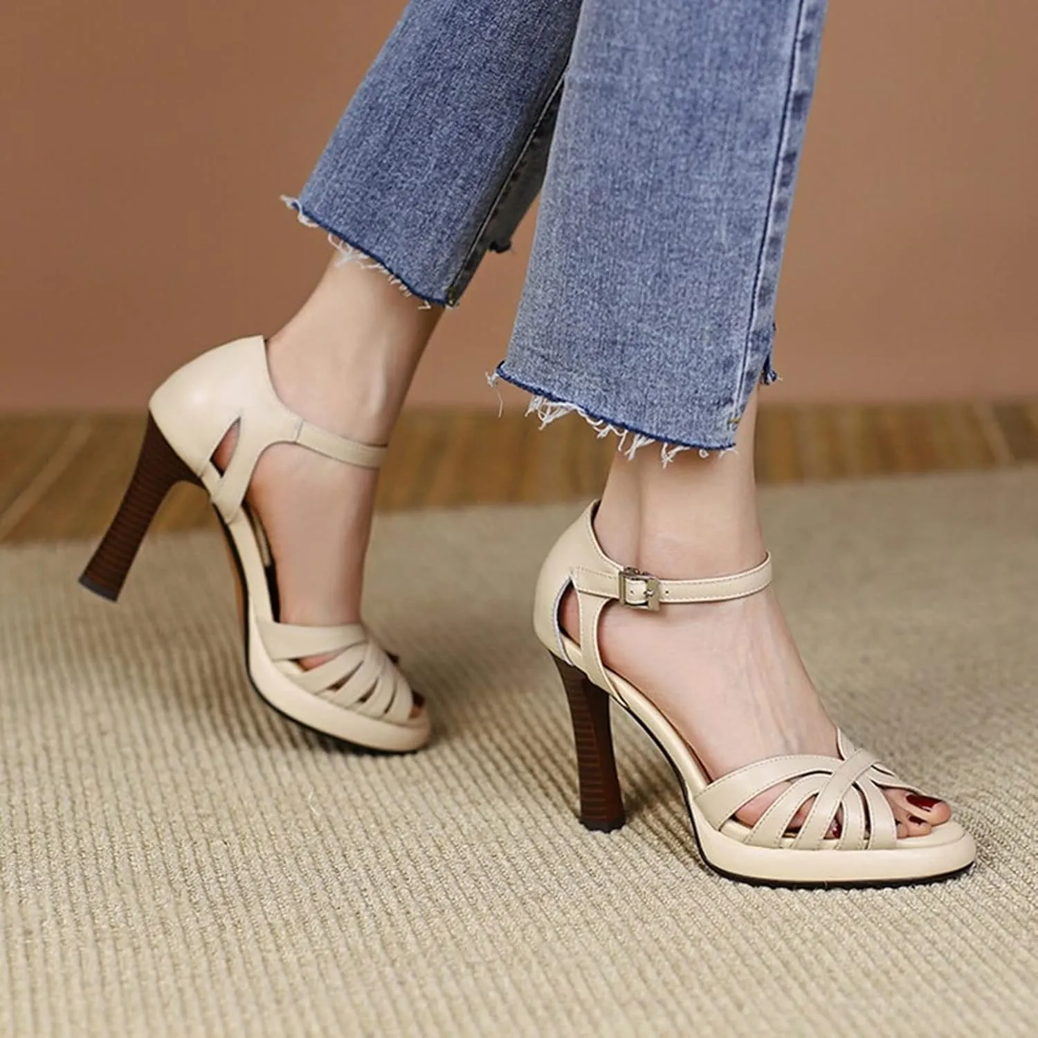 Sandals For Women Women Sandals Split Leather Thin Heel Shoes for Women Woven Platform Sandals